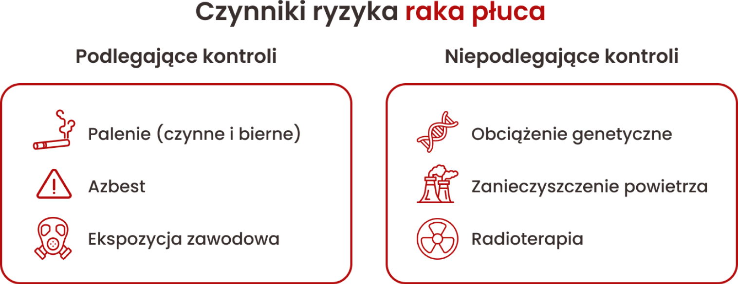 Czynniki ryzyka rozwoju raka dzieli się na te podlegające kontroli (palenie, ekspozycja na azbest czy ekspozycja zawodowa) oraz niepodlegające kontroli (obciążenie genetyczne, zanieczyszczenie powietrza, radioterapię).