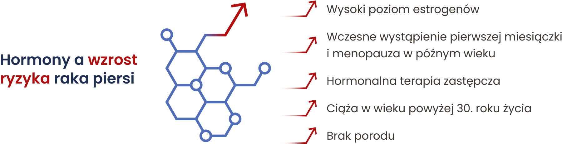 Czynniki hormonalne zwiększające ryzyko raka piersi: wysoki poziom estrogenów, wczesne wystąpienie pierwszej miesiączki i menopauza w późnym wieku, stosowanie hormonalnej terapii zastępczej, ciąża w wieku powyżej 30. roku życia lub brak porodu.
