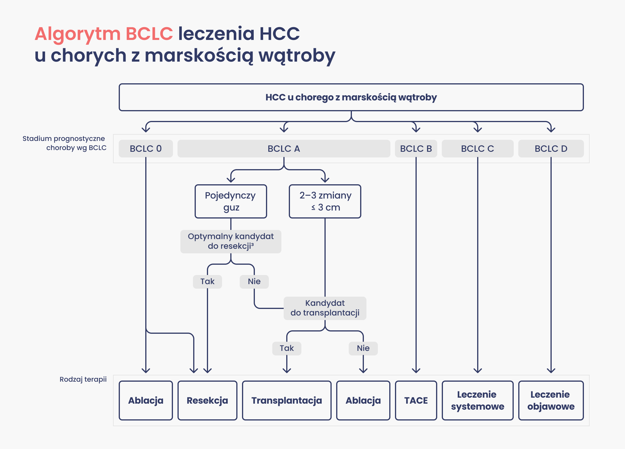 Schemat przedstawia algorytm BCLC (Barcelona Clinic Liver Cancer) dla pacjentów z marską wątrobą i rozpoznanym HCC. Uwzględnia on stopień zaawansowania choroby, zalecaną pierwszą  linię leczenia.