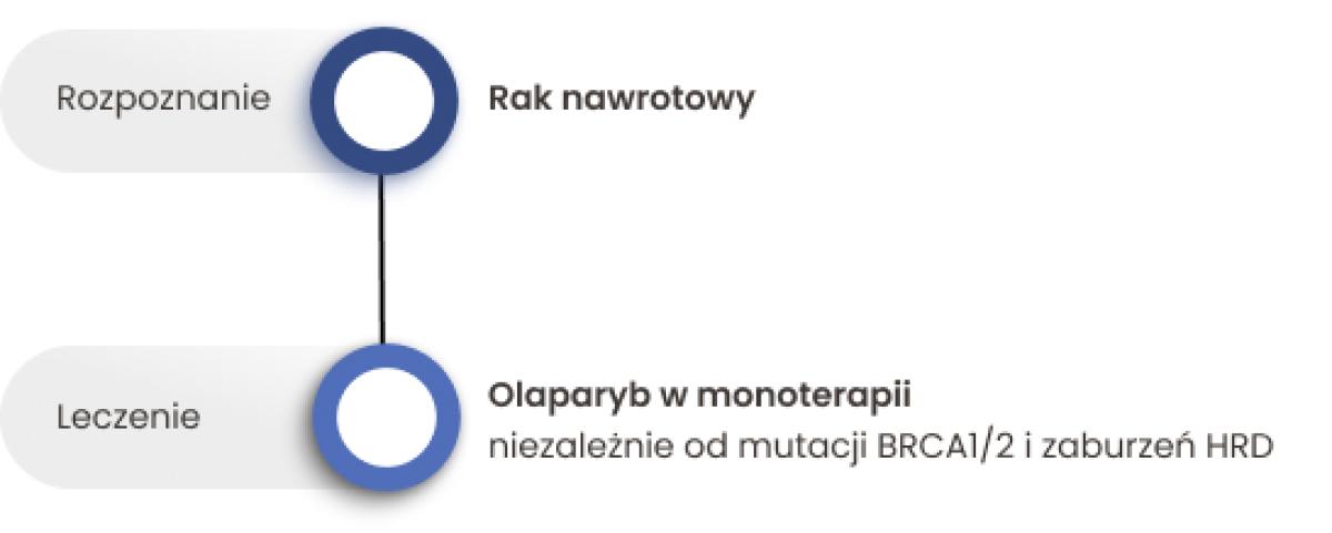 W nawrotowym raku jajnika stosuje się olaparyb z bewacyzumabem niezależnie od mutacji BRCA1/2 i zaburzeń HRD.